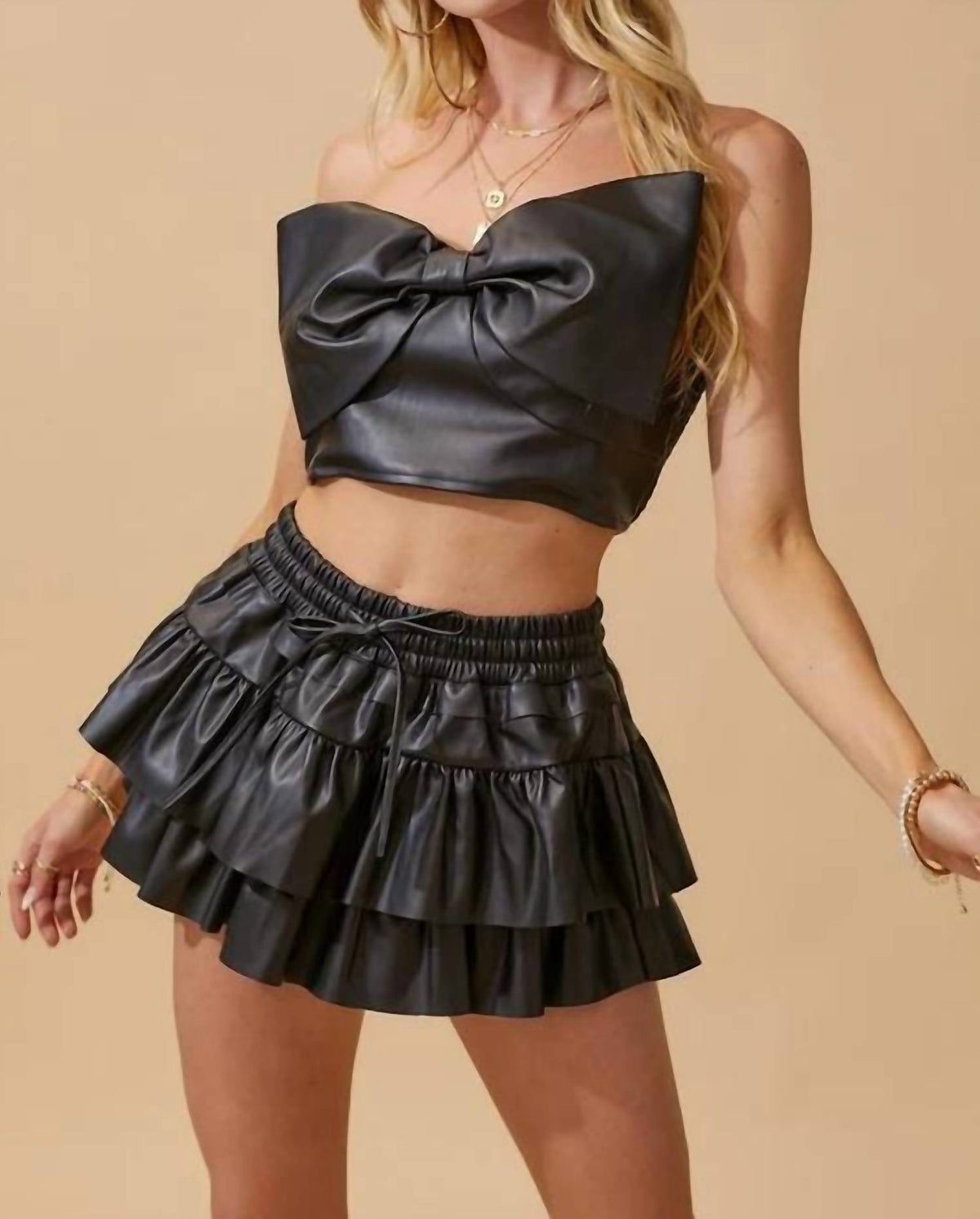 Day + Moon - Faux Leather Strapless Bow Top