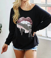 Bibi - Lip Patch French Terry Knit Pullover With Rhinestone
