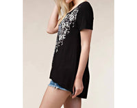 Vocal Apparel - Floral Printed Rhinestone Short Sleeve Knit Top