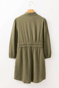 Threaded Pear - Textured Button Up Tied Dress
