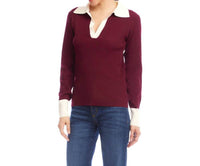 Karen Kane Contrast Ribbed Polo Sweater in wine with cream - women's sweater - detail view