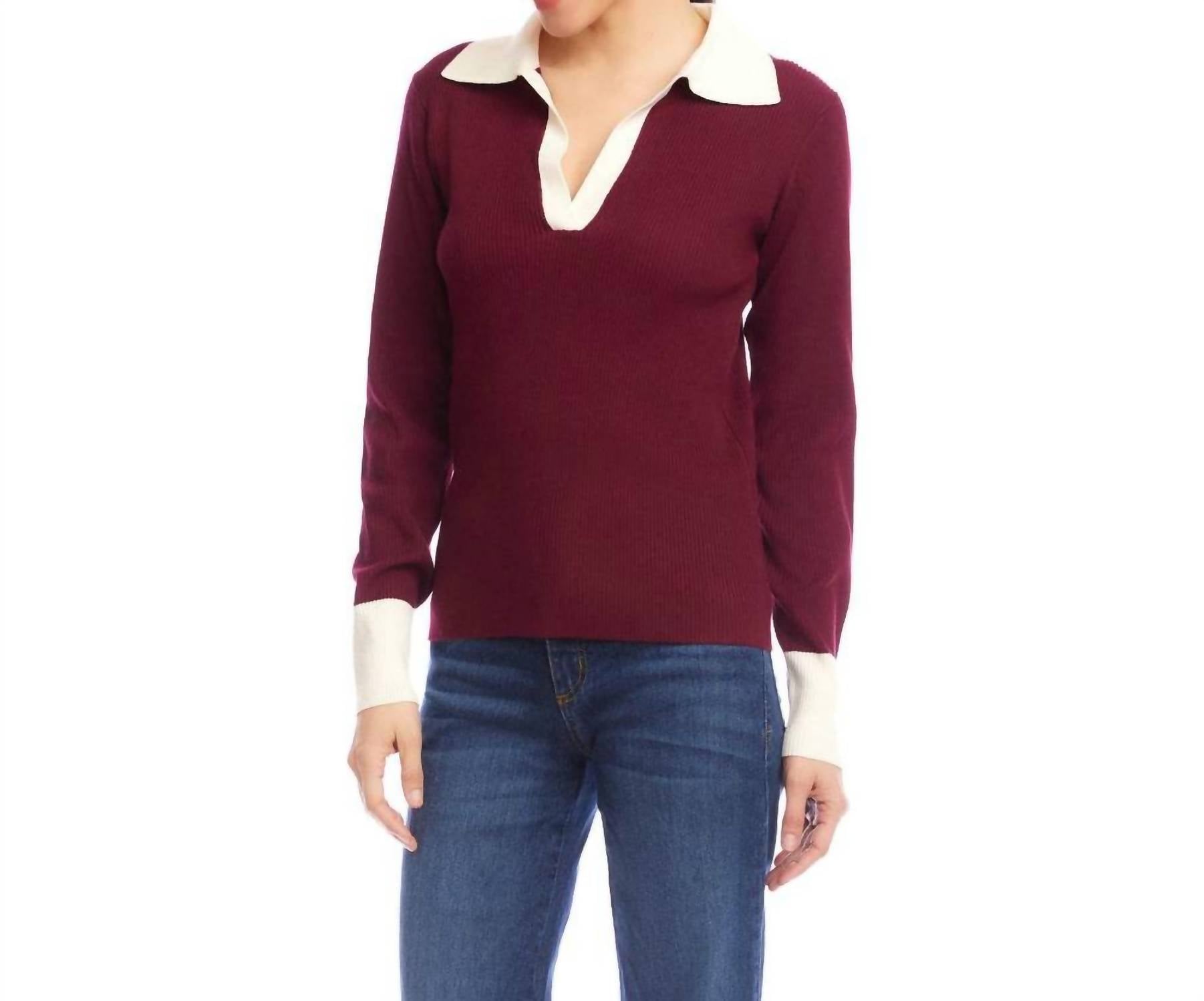Karen Kane Contrast Ribbed Polo Sweater in wine with cream - women's sweater - detail view