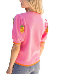 Voy - Sunny Pineapple Puff Sleeve Knit Top