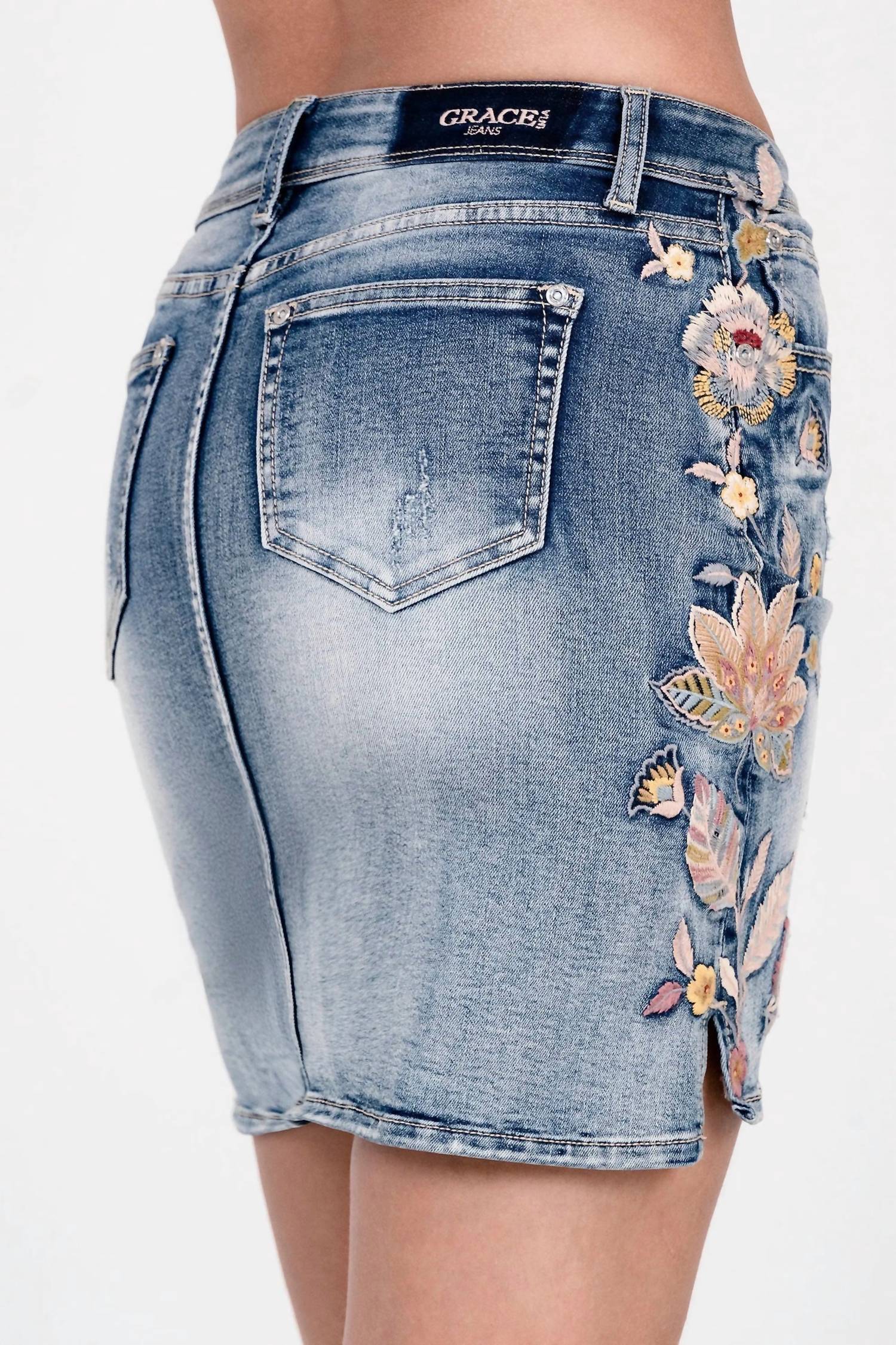 Grace In La - Floral Bloom Embroidered Denim Skirt