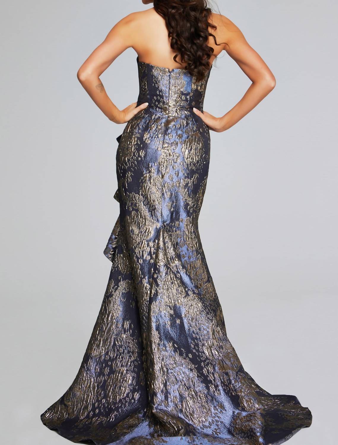 JOVANI Ruffle Skirt Strapless Dress in gunmetal gold - women's dress - detail view