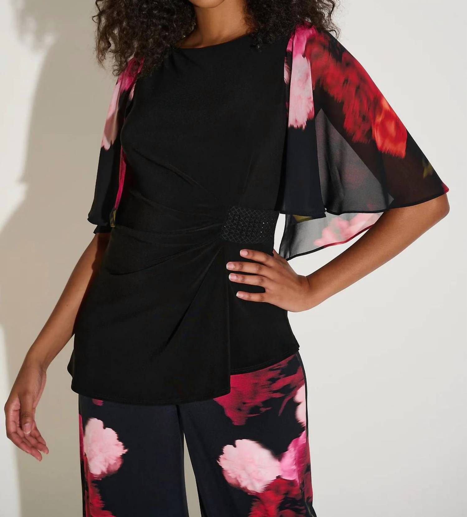 Joseph Ribkoff - Floral Boat Neck Chiffon Sleeves Top