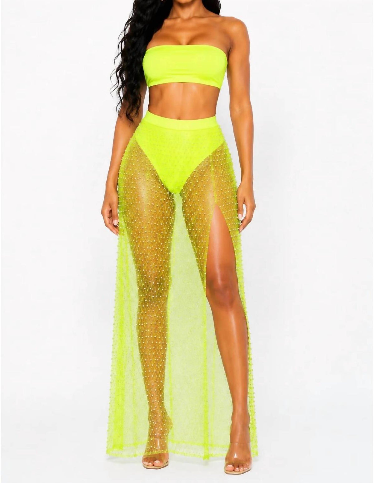 Hot & Delicious - Vacation Vibes High Waist Mesh Pearl Maxi Skirt