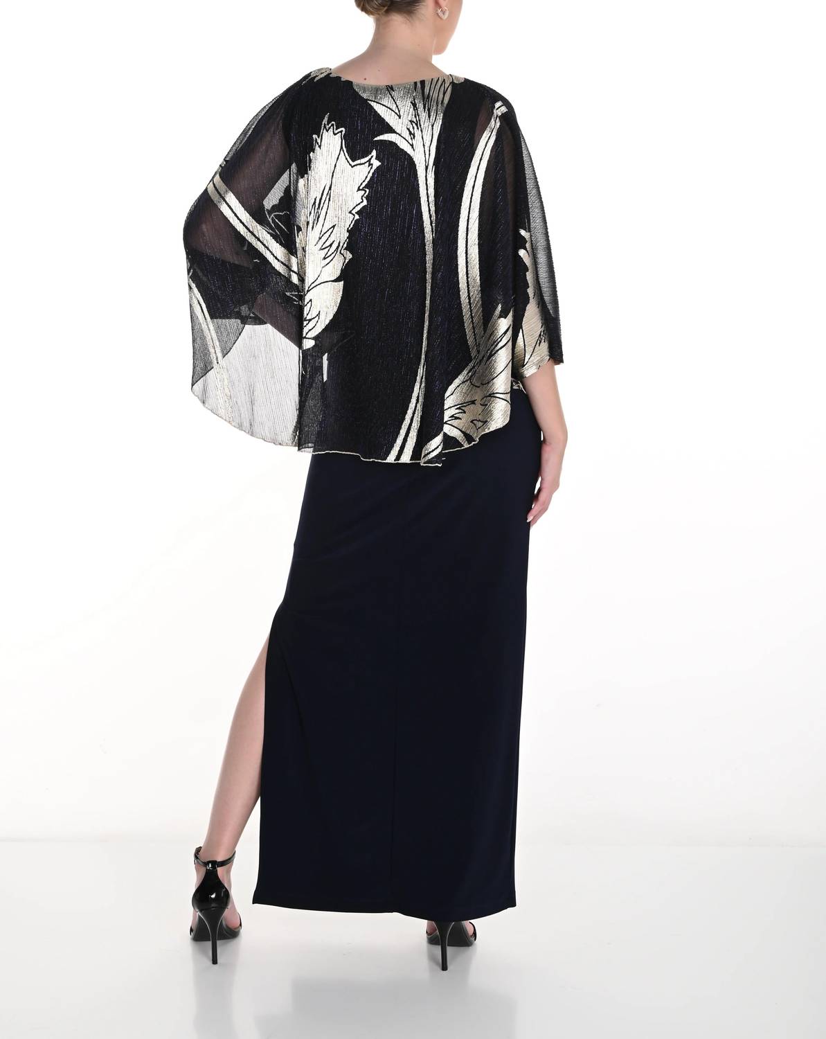 Frank Lyman - Metallic Floral Chiffon Overlay Evening Dress