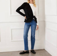 Karen Kane Long Sleeve Colorblock Satin Bow Top - Petite in black and ivory - women's blouse