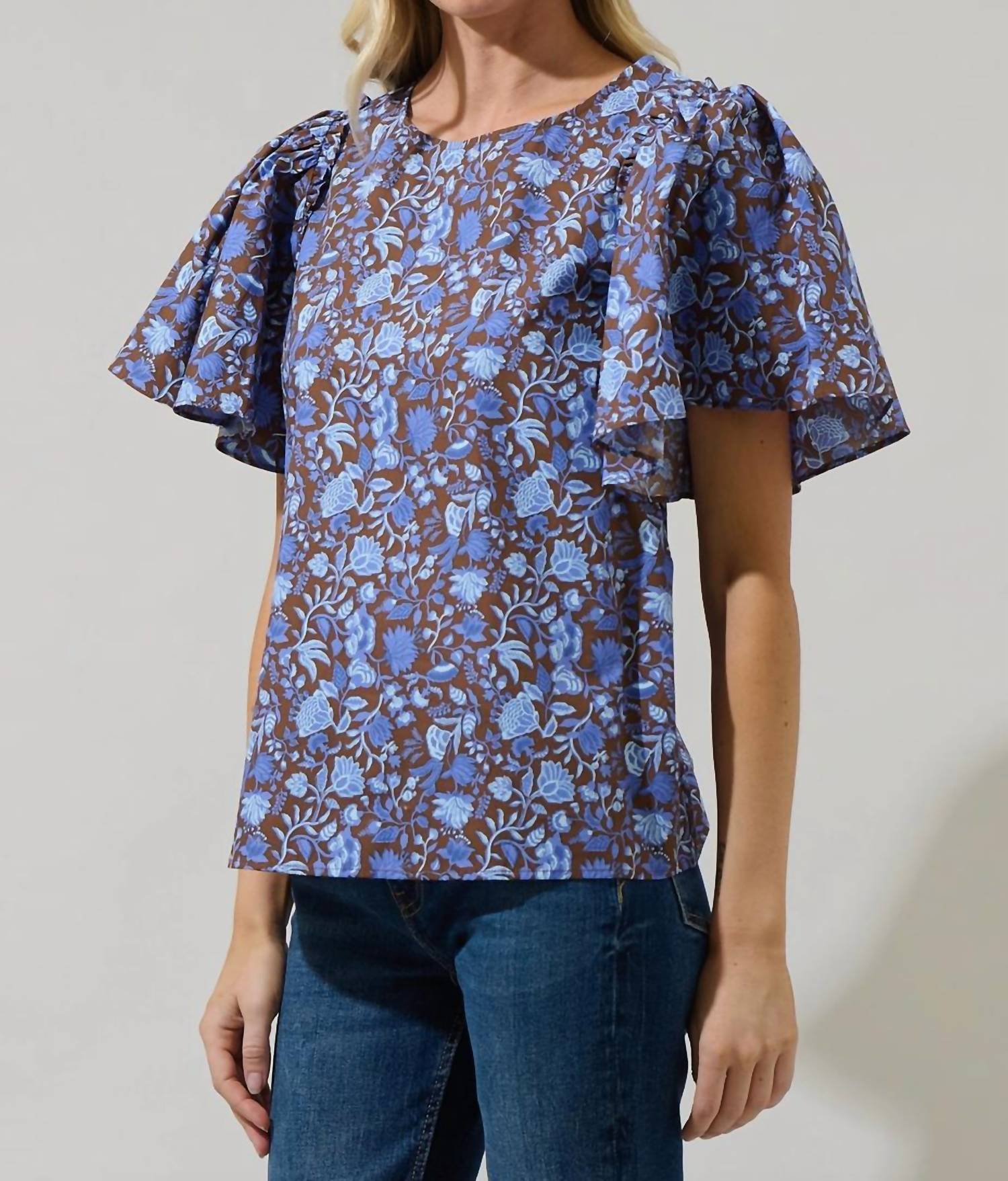 SUGARLIPS Princeton Floral Puff Sleeve Top in brown blue - women's blouse - detail view