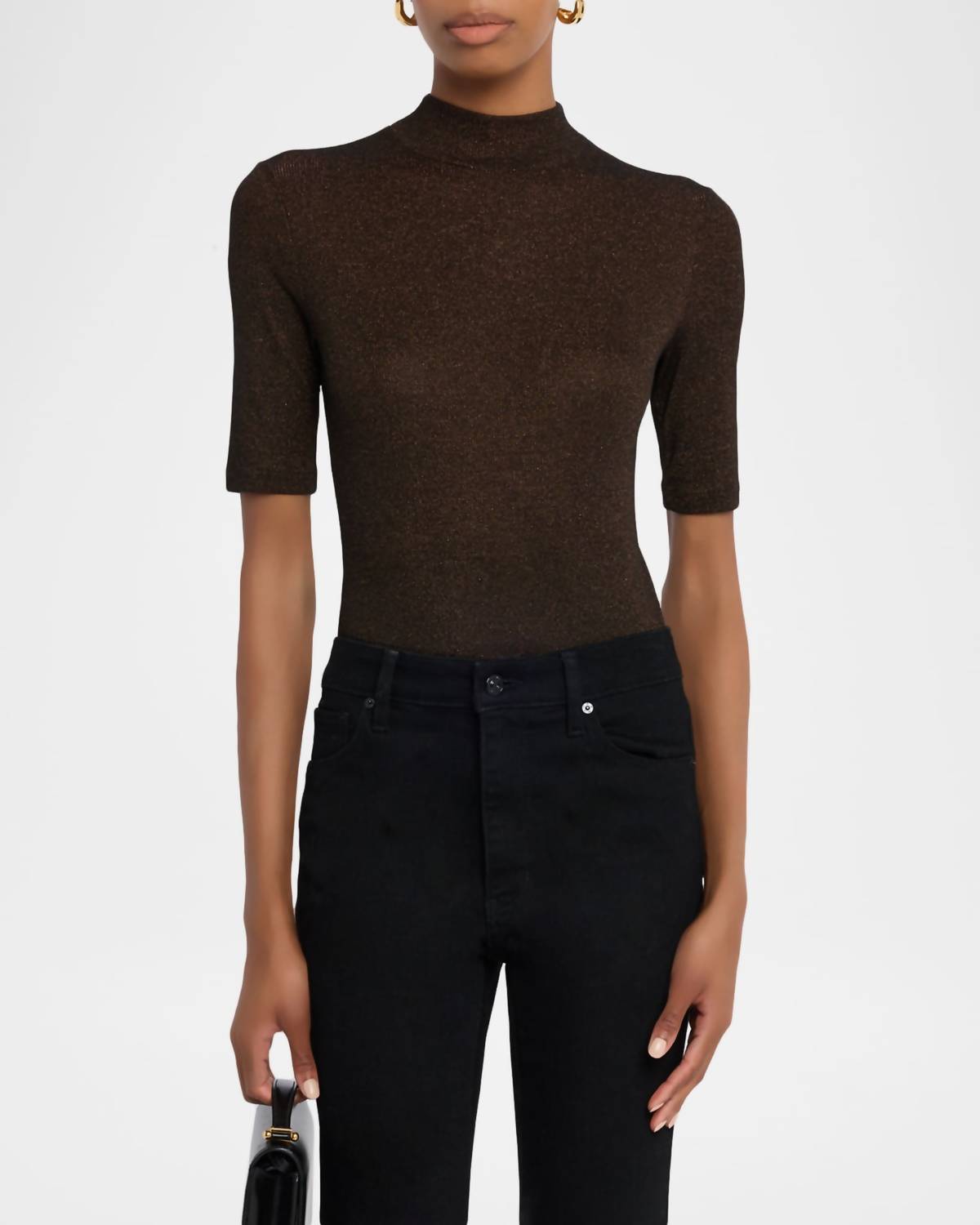 FRAME Lurex Mock Neck Top in americano - women's t-shirt - alternate view
