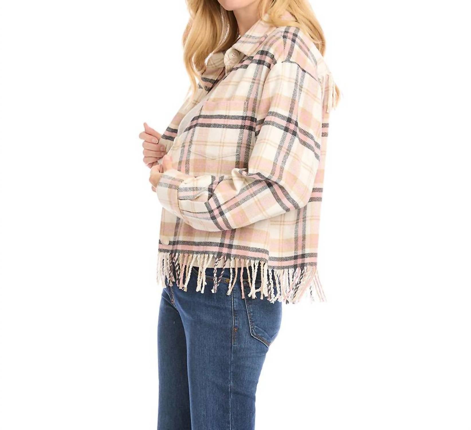 Karen Kane - Rose Plaid Fringe Shirt Jacket