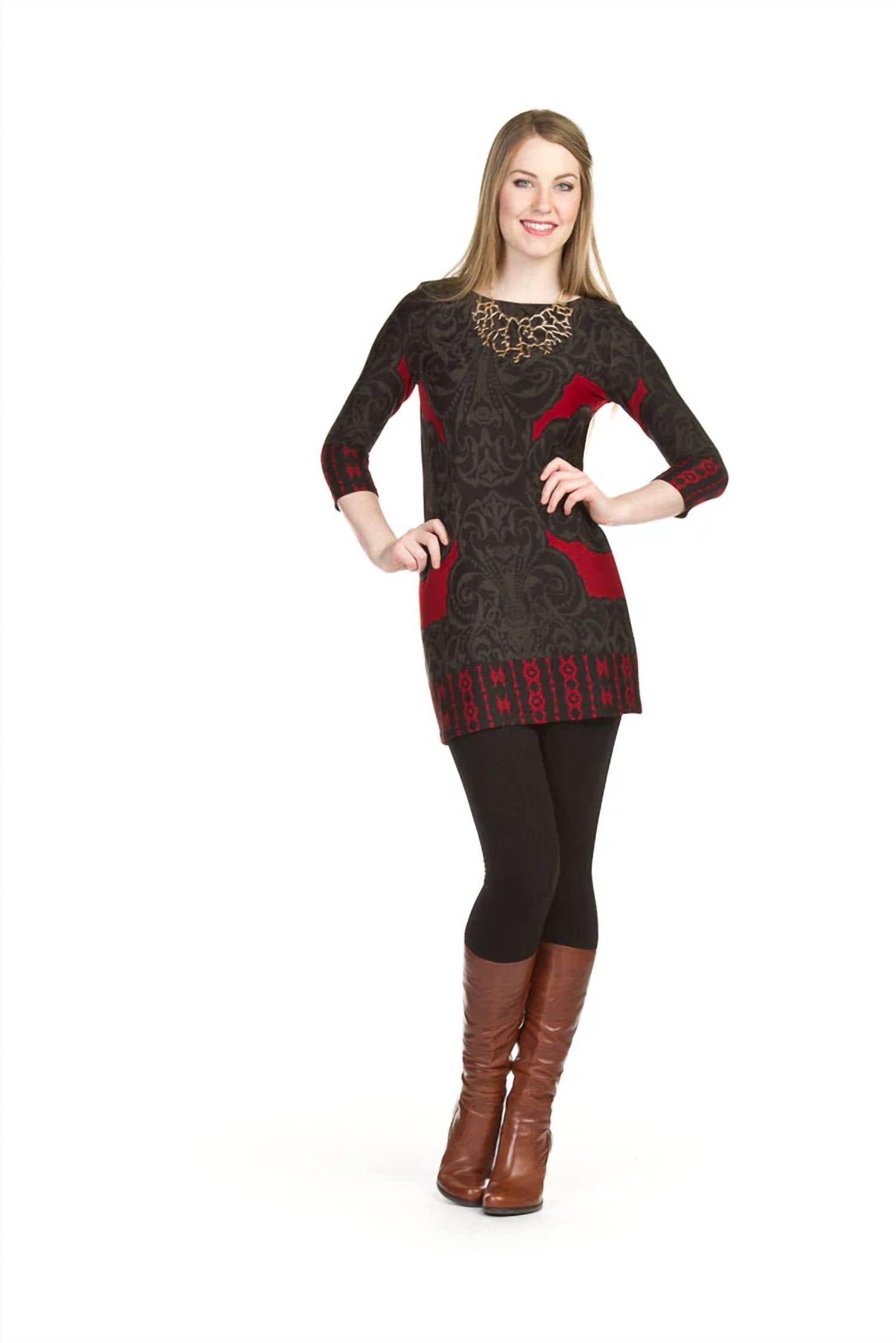 Papillon - Damask Print 3/4 Sleeve Sweater Dress