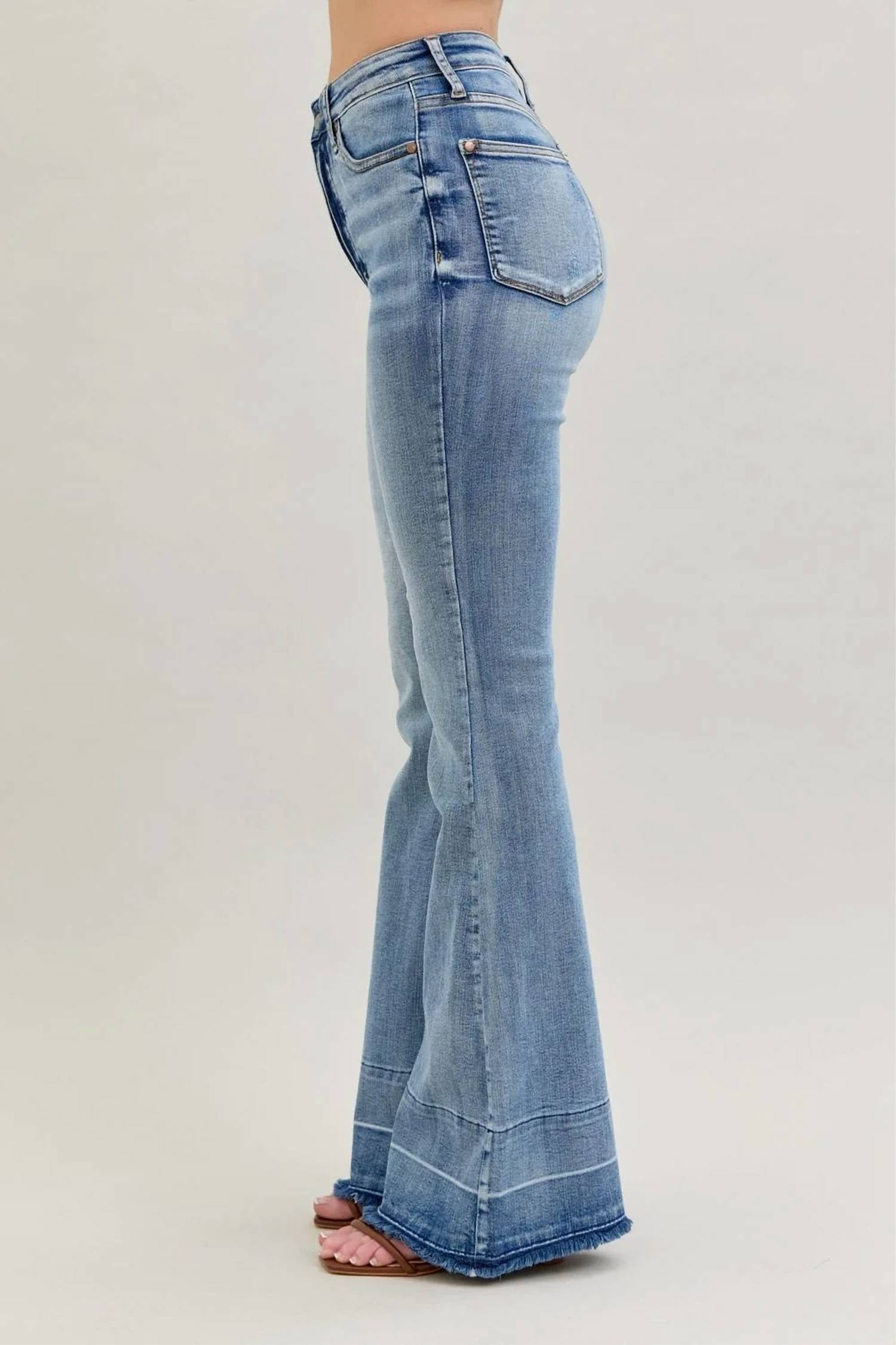 Judy Blue - High Waist Contrast Tummy Control Release Hem Flare Jeans