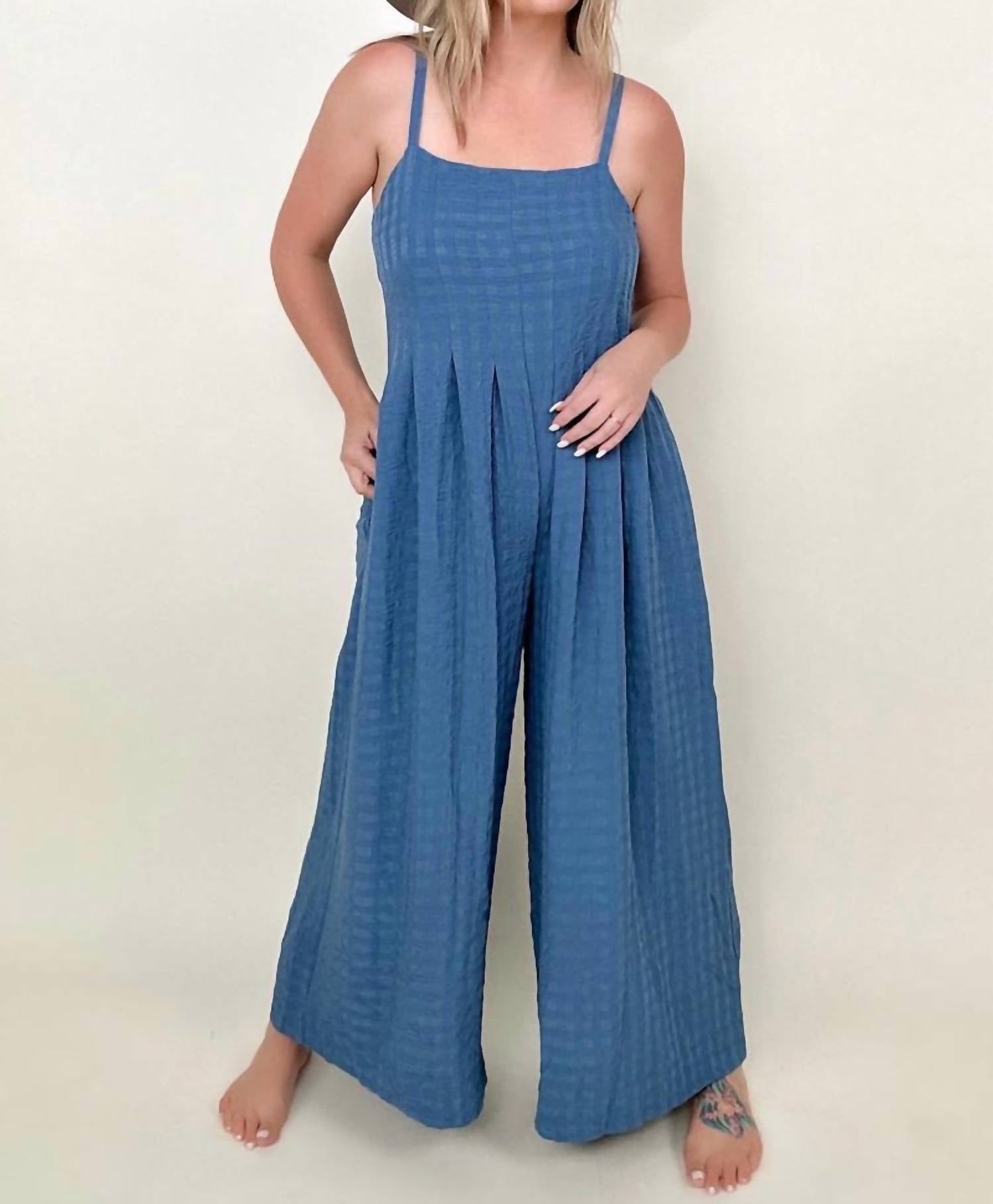 GiGiO Chic Comfort Textured Woven Spaghetti Strap Jumpsuit in denim - women's pants