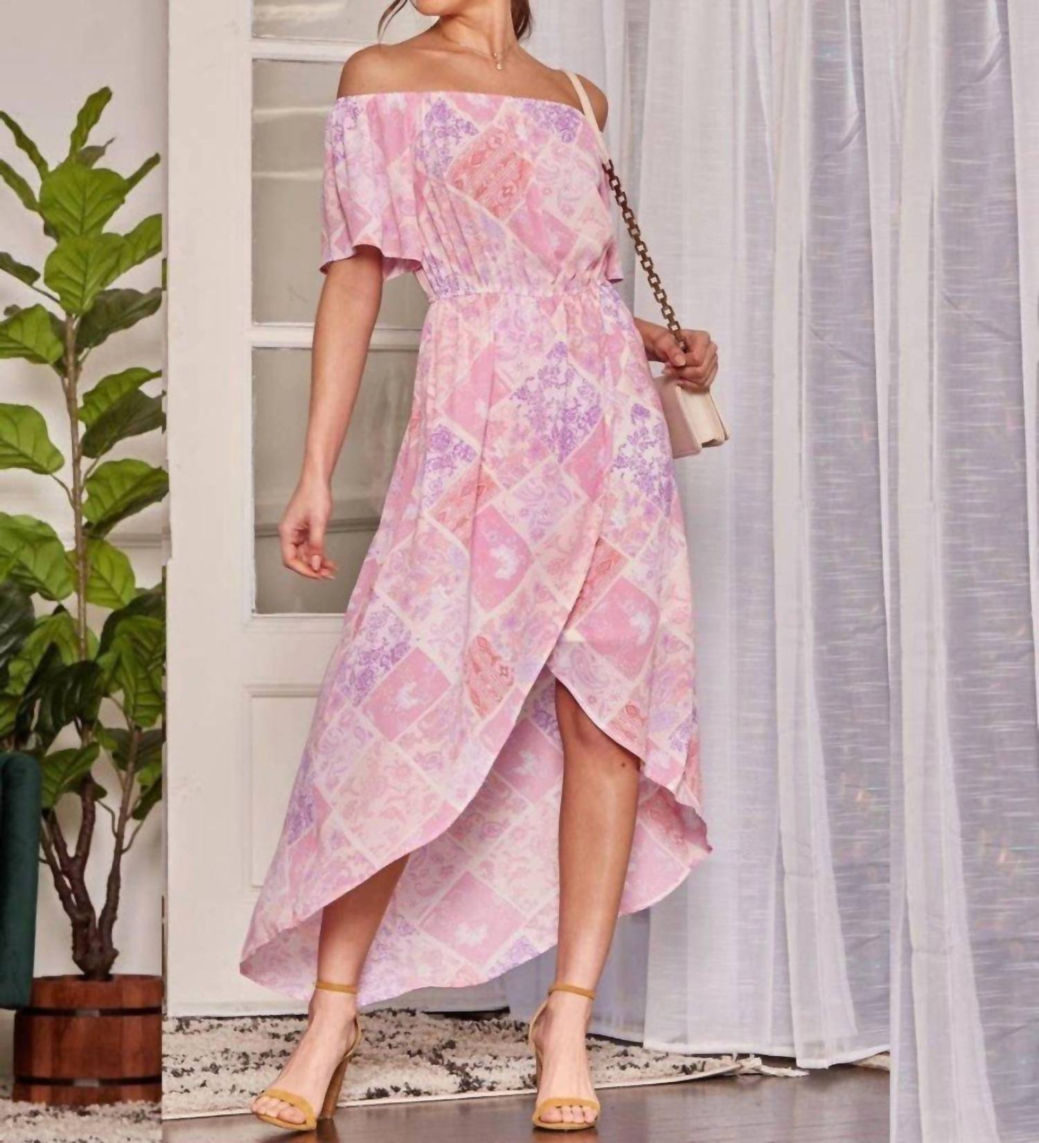 ANDREE BY UNIT Feminine Floral Off The Shoulder Midi Dress in pink - women's dress - view 4