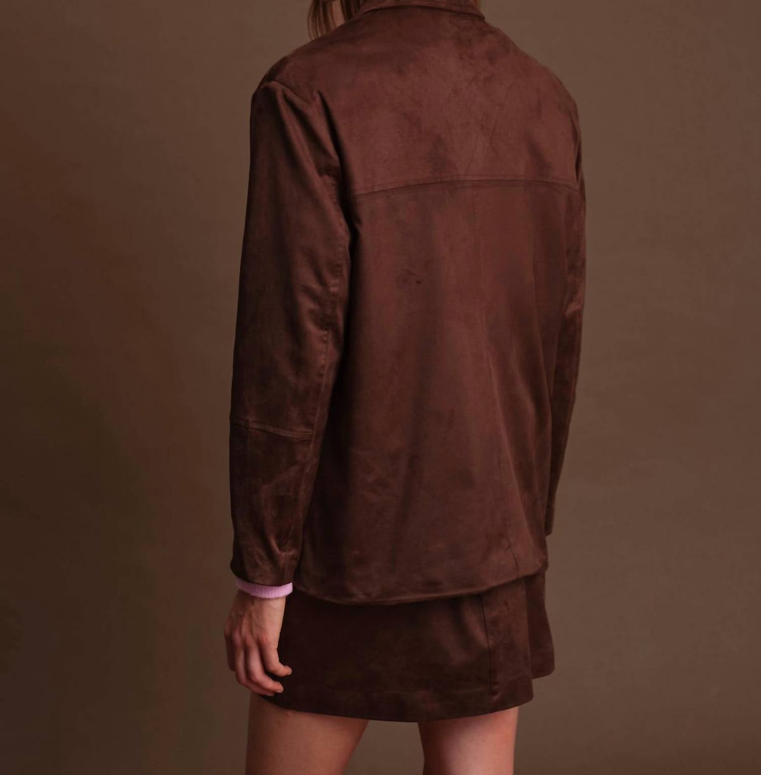 DELUC Dereck Faux Suede Blazer in chocolate - women's jacket - detail view