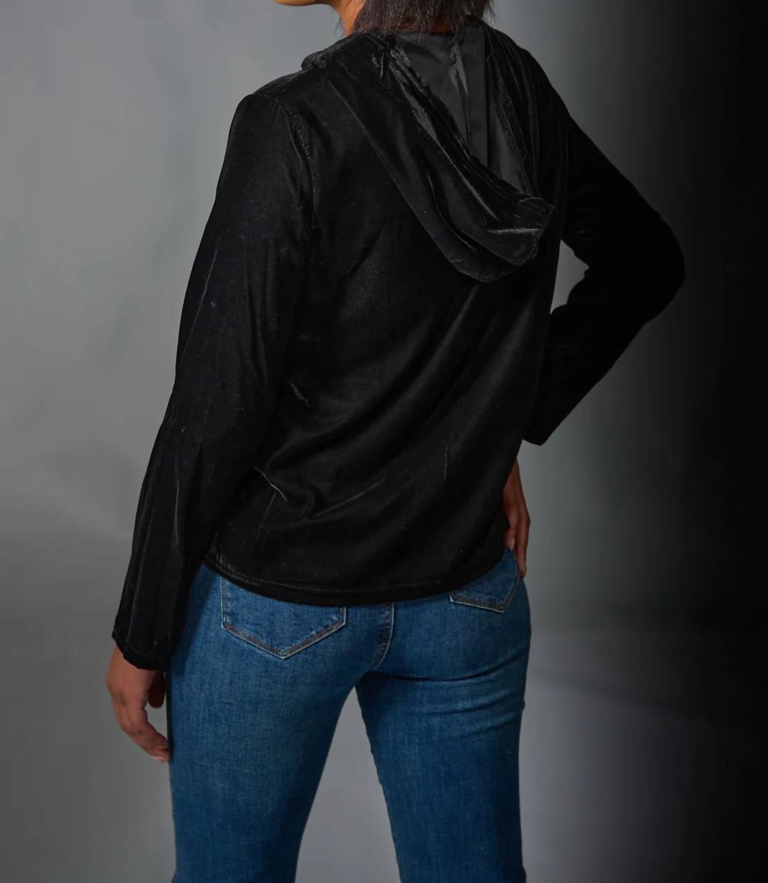 Adore Embroidered Velvet Zip Up Hoodie in black - women's top - detail view