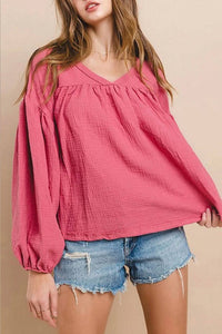 Ces Femme - Women's Long Sleeve V-neck Tunic Blouse Top