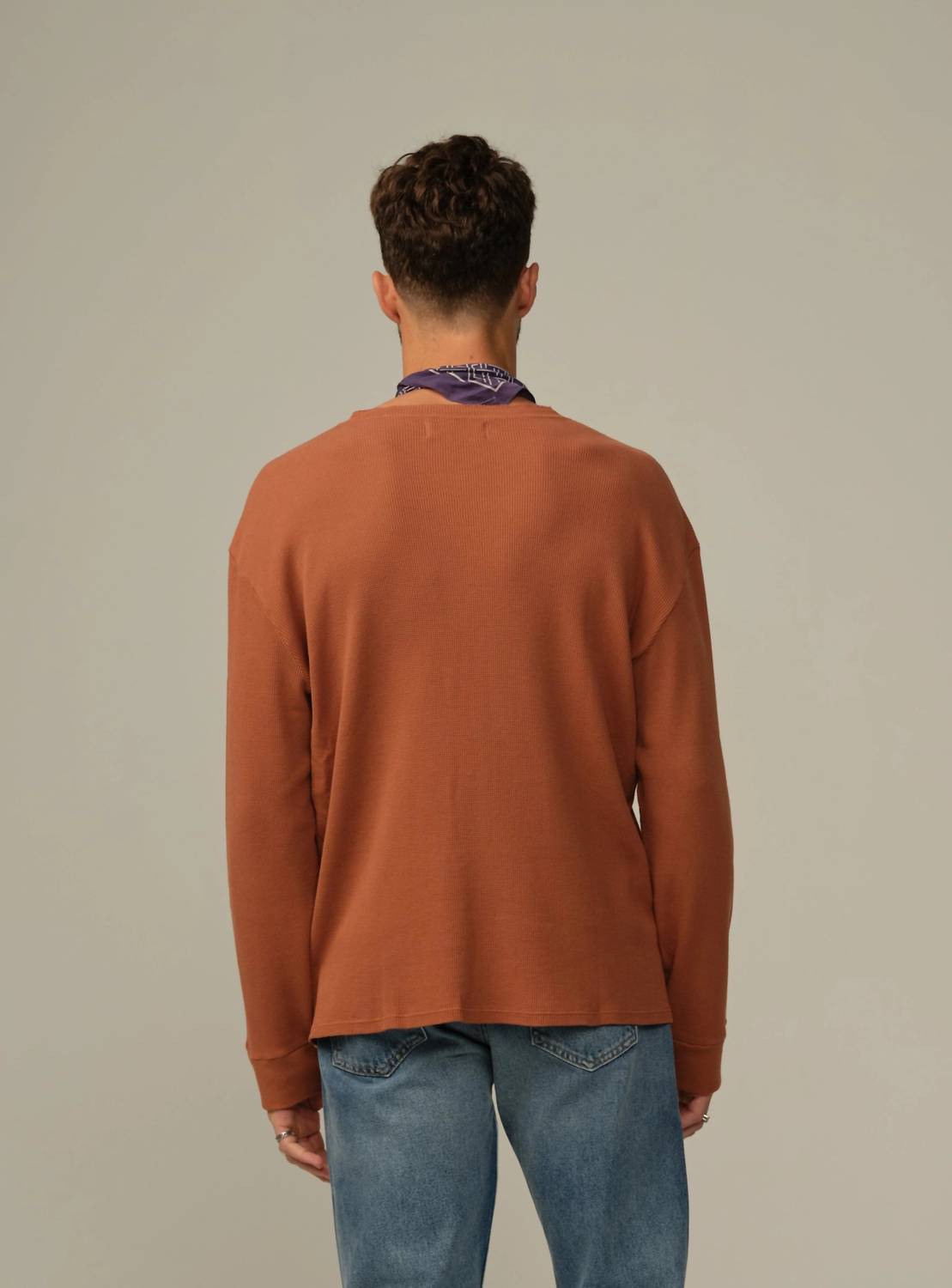 Road to Nowhere Crosby Organic Cotton Waffle Henley Shirt in terracotta - men's long sleeve top - detail view