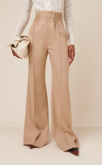 Chloe - Shirred High Rise Wool Gabardine Wide Leg Pants