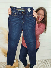 Judy Blue Women's High Waist Skinny With Handsanding Jean in dark wash - women's jeans - detail view