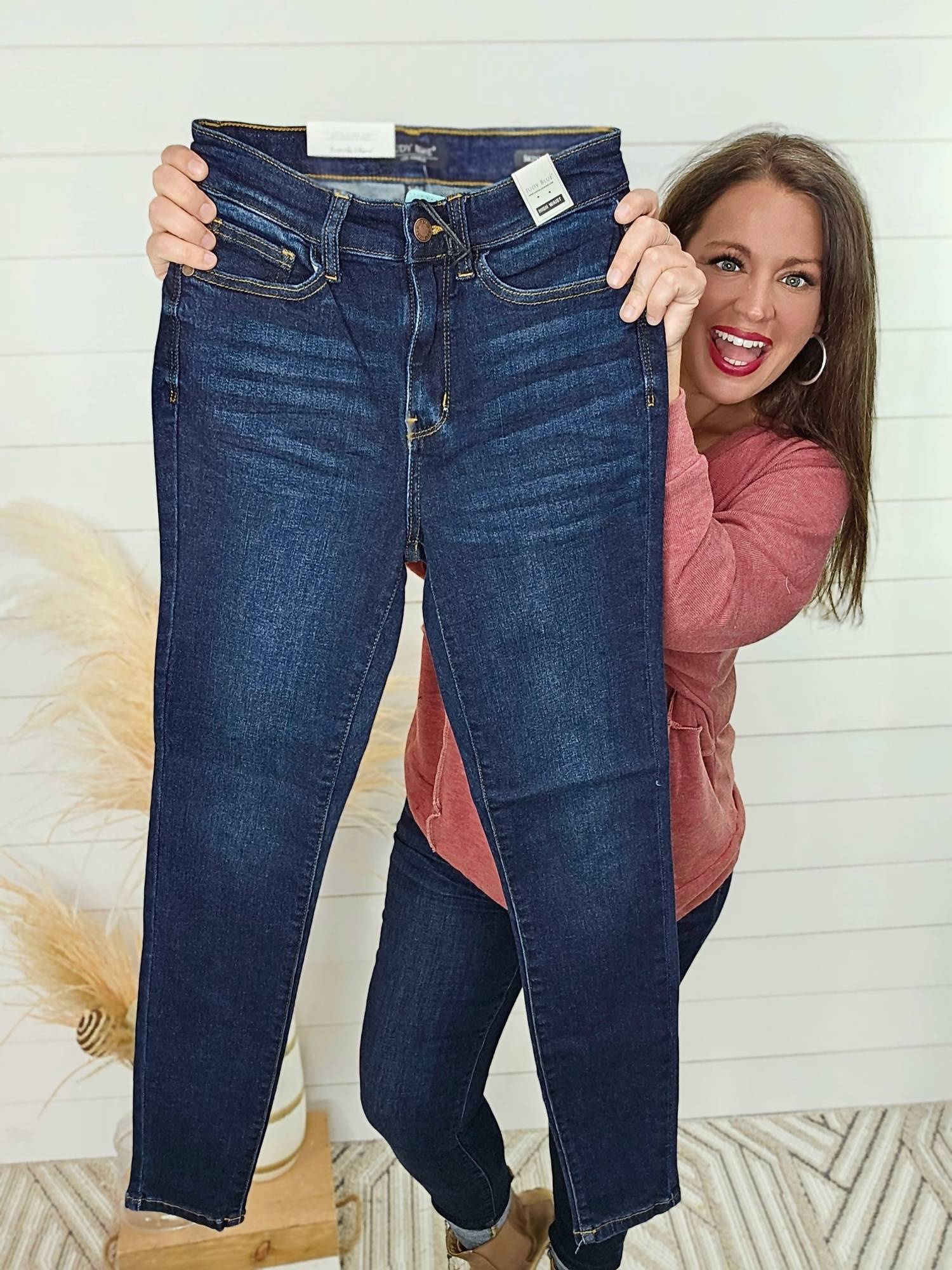 Judy Blue Women's High Waist Skinny With Handsanding Jean in dark wash - women's jeans - detail view
