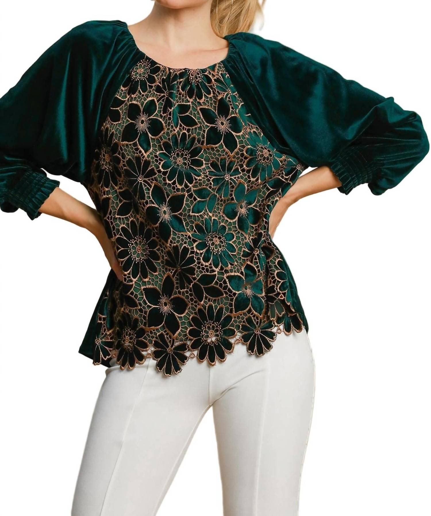 Umgee - Women's Floral Lace Velvet Top