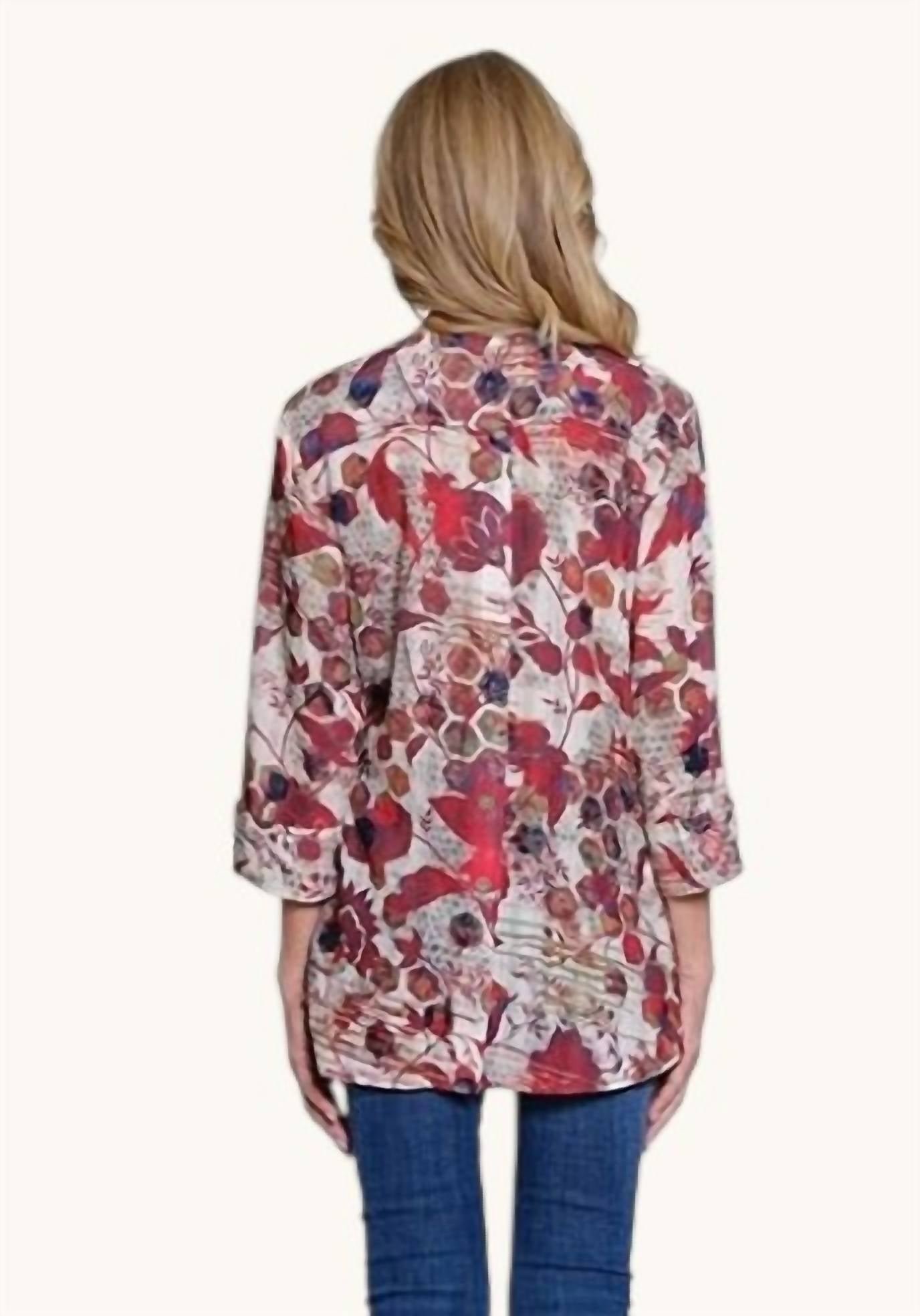 Multiples - Women's Hi-lo Shirt With Front Band Collar And Three-quarter Sleeves