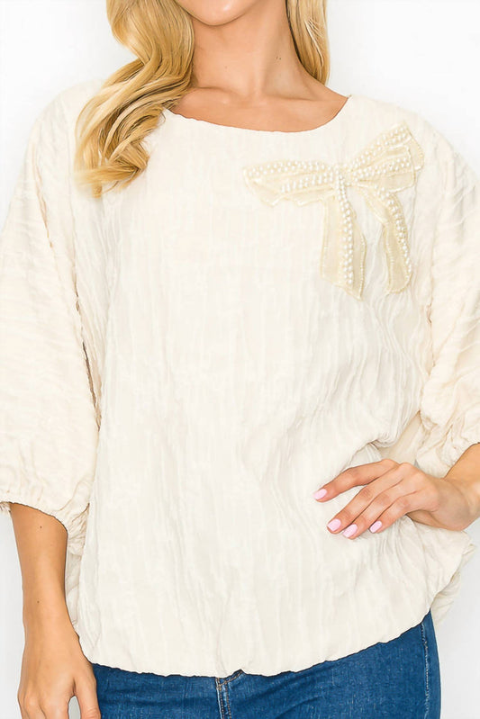 Joh - Woven Top With Pearl Ribbon Bow