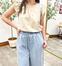 Hayden La - Blue Floral Embroidered Ruffle Sleeve Top