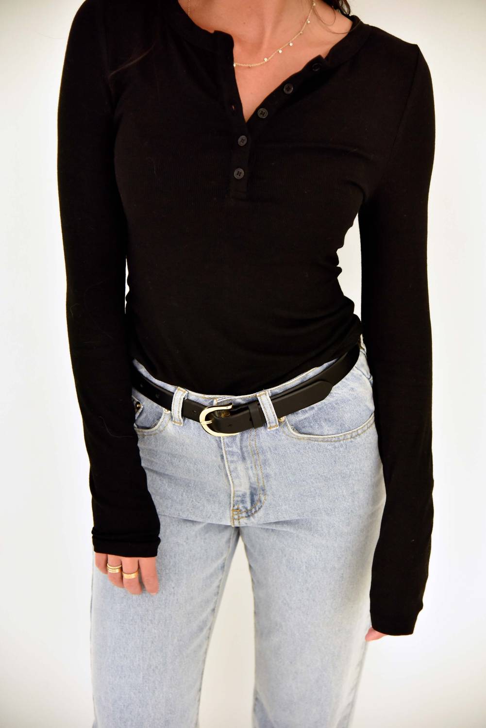 Beige Botany - Ribbed Henley Basic Top