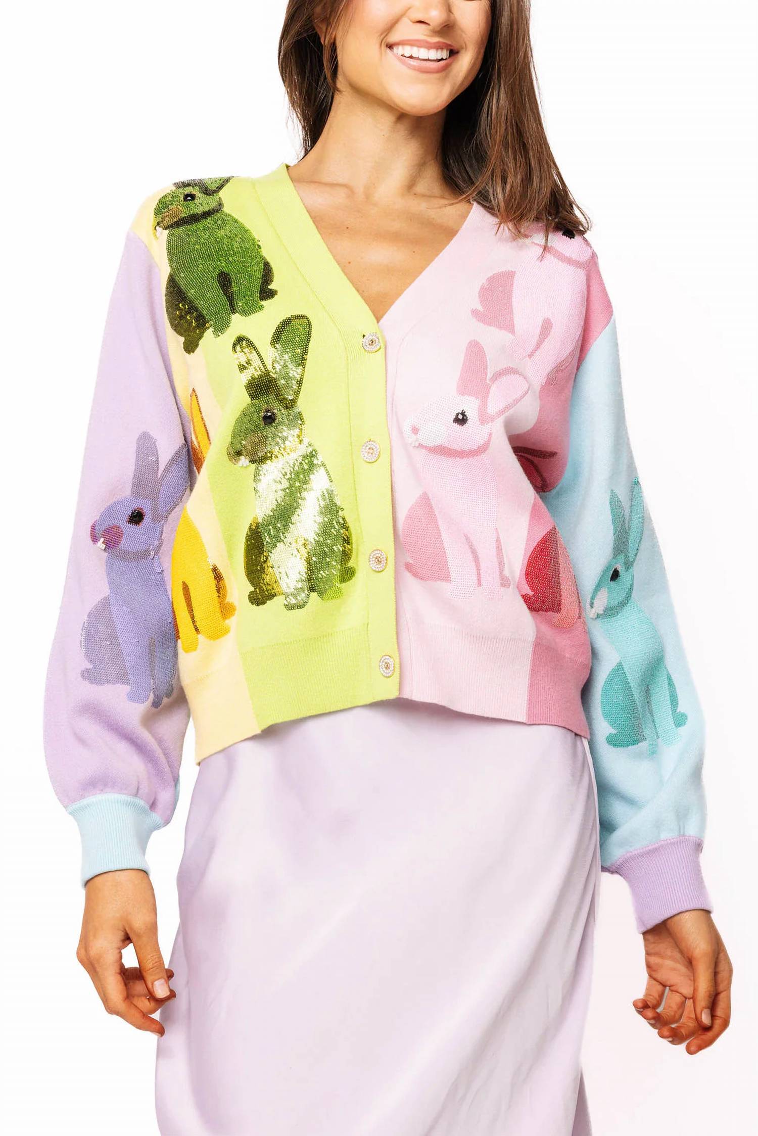 Queen Of Sparkles - Rainbow Colorblock Easter Bunny Cardigan