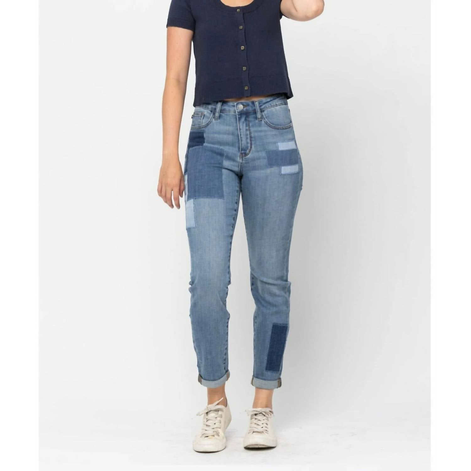 Judy Blue - High Waist Double Rolled Cuff Patch Boyfriend Jeans