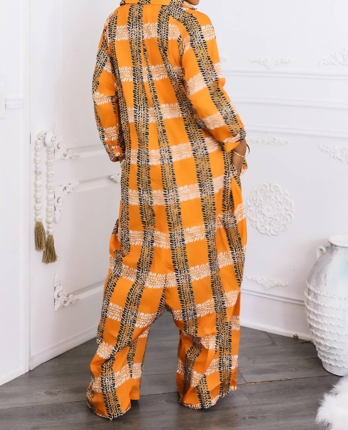 Surelymine - Oversized Tribal Print Button-up Kimono Jumpsuit