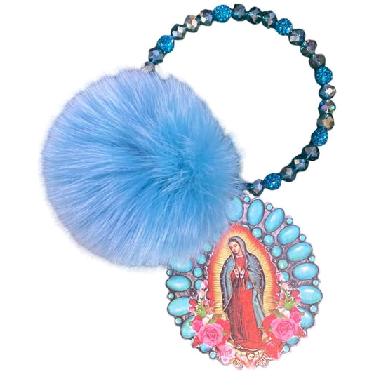 Sw Trading - Women's Beaded Pom Pom Keychain with Guadalupe Charm