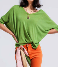 Q2 Super Soft V Neck Short Sleeve Sweater Top in green - women's sweater