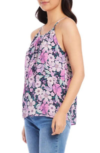 Karen Kane Shay Shirred Floral Tank in berry purple navy multicolor - women's blouse - detail view