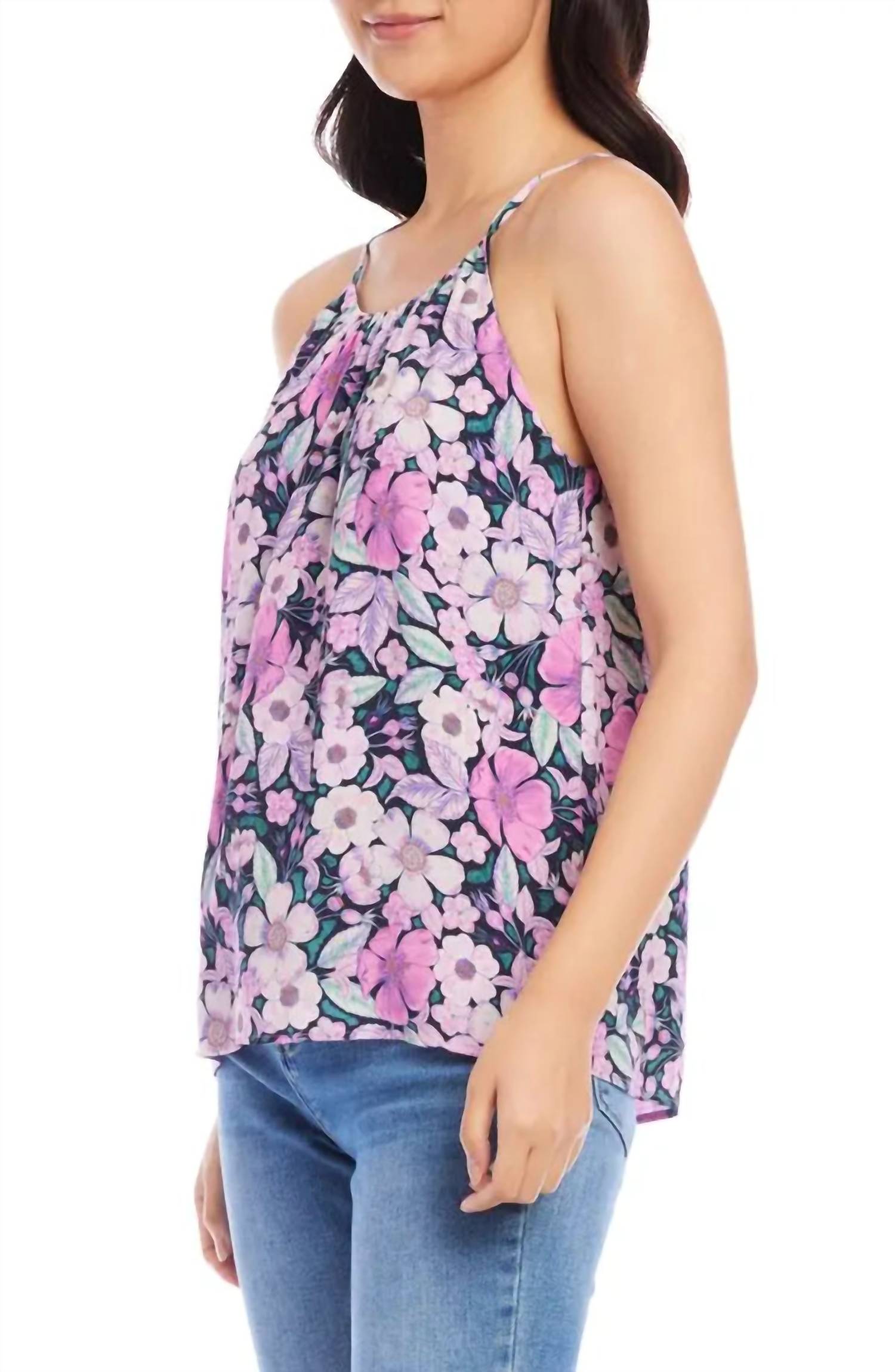 Karen Kane Shay Shirred Floral Tank in berry purple navy multicolor - women's blouse - detail view