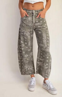 Peace Love Line - Maggie Mineral Washed Paisley Printed Barrel Jeans