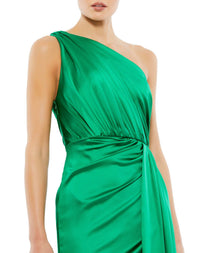 Mac Duggal - Gathered One Shoulder Satin Faux Wrap Gown