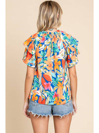 Jodifl - Tropical Floral Print Ruffled Sleeve Top