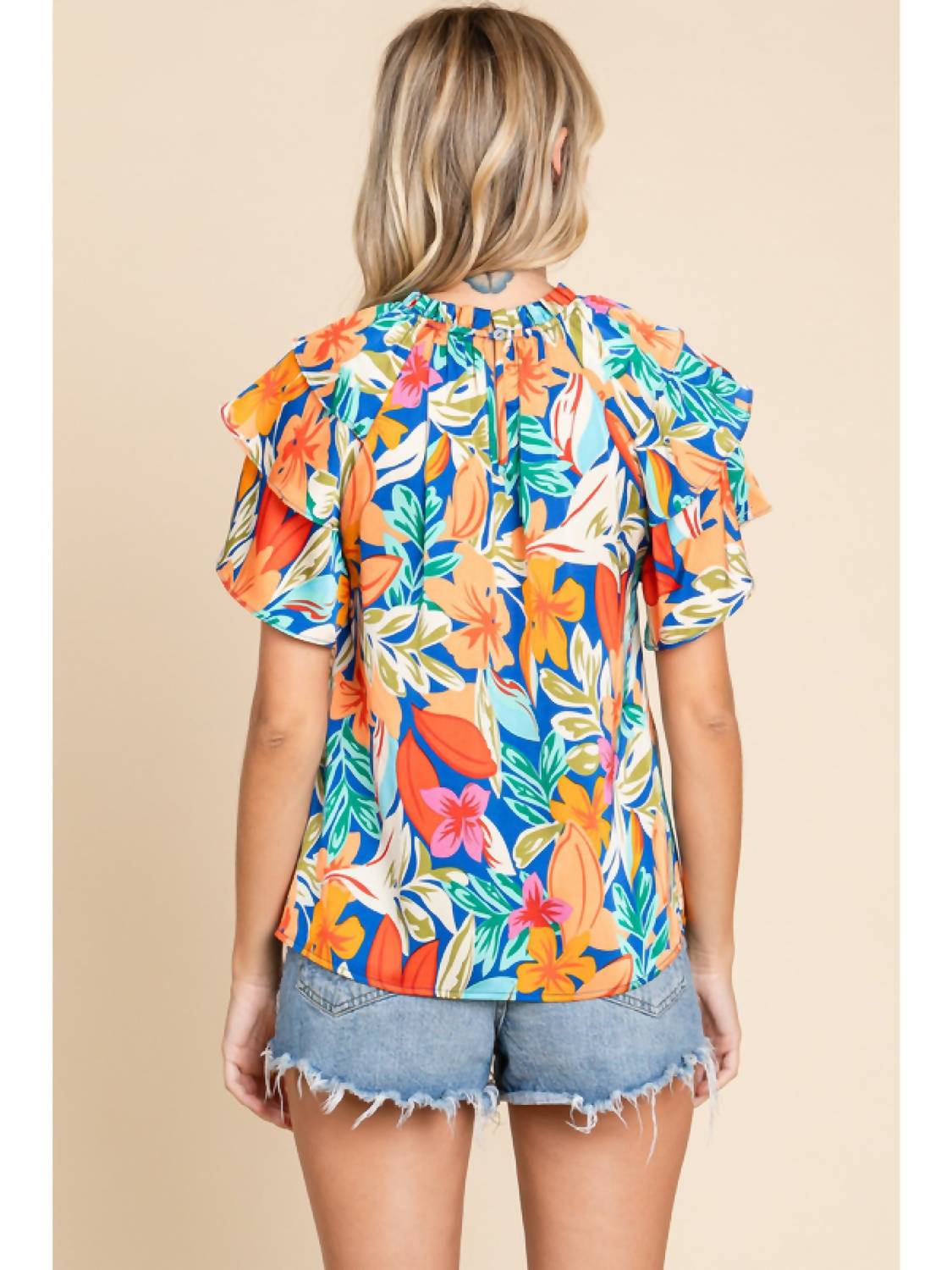 Jodifl - Tropical Floral Print Ruffled Sleeve Top