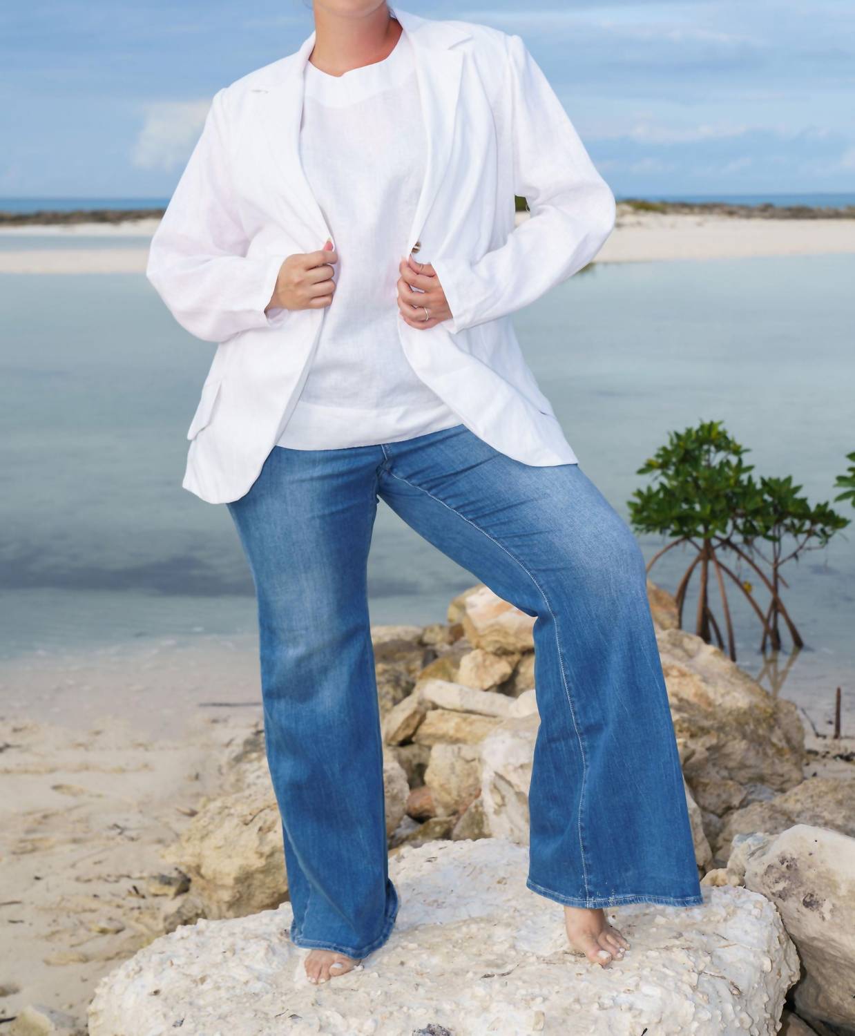 Adriana Contreras - White Linen Long Sleeve Blazer - Plus