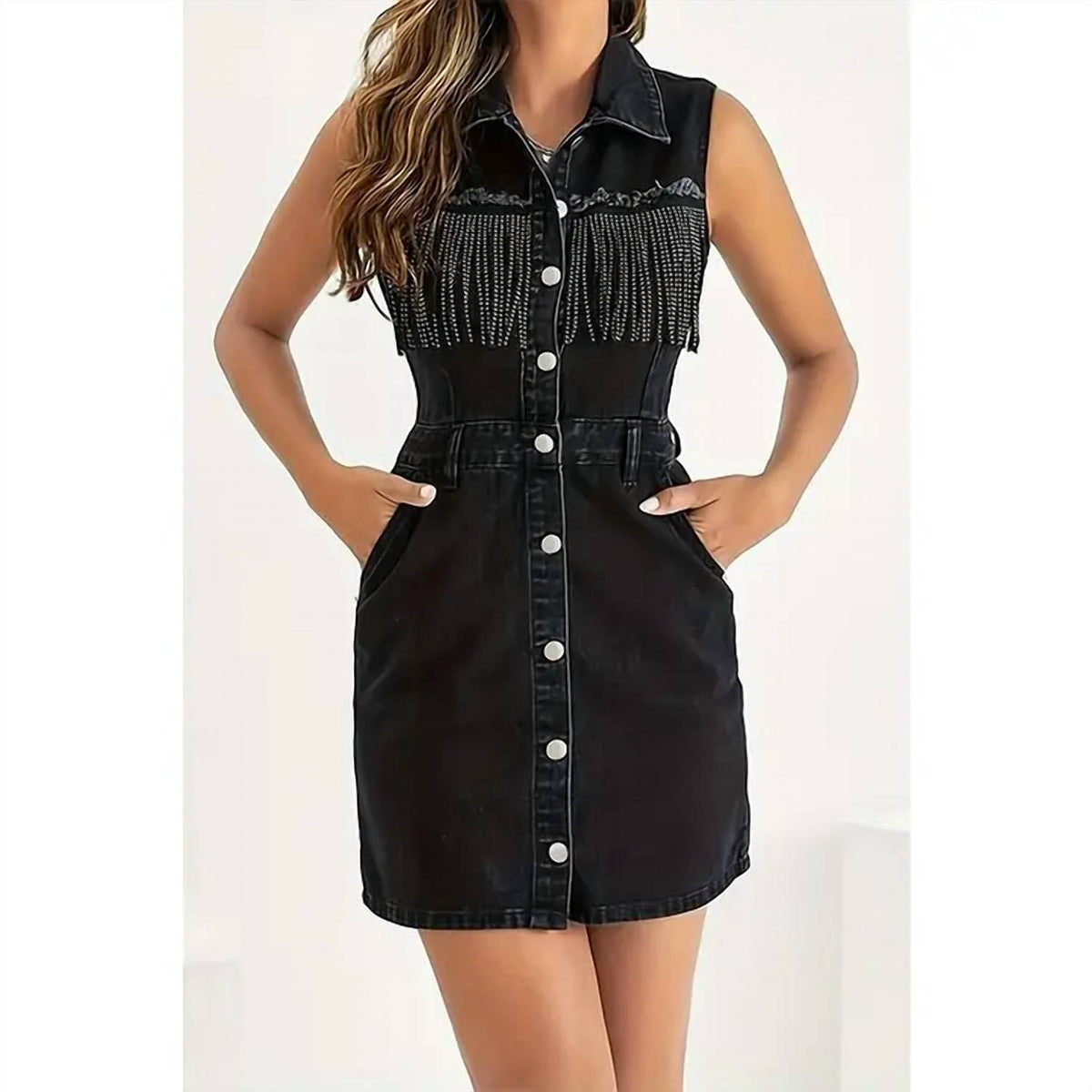 Paperdoll - Beaded Denim Sleeveless Dress