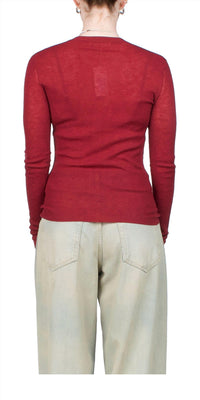 6397 Skinny Rib V Cardigan in wine - women's cardigan - detail view
