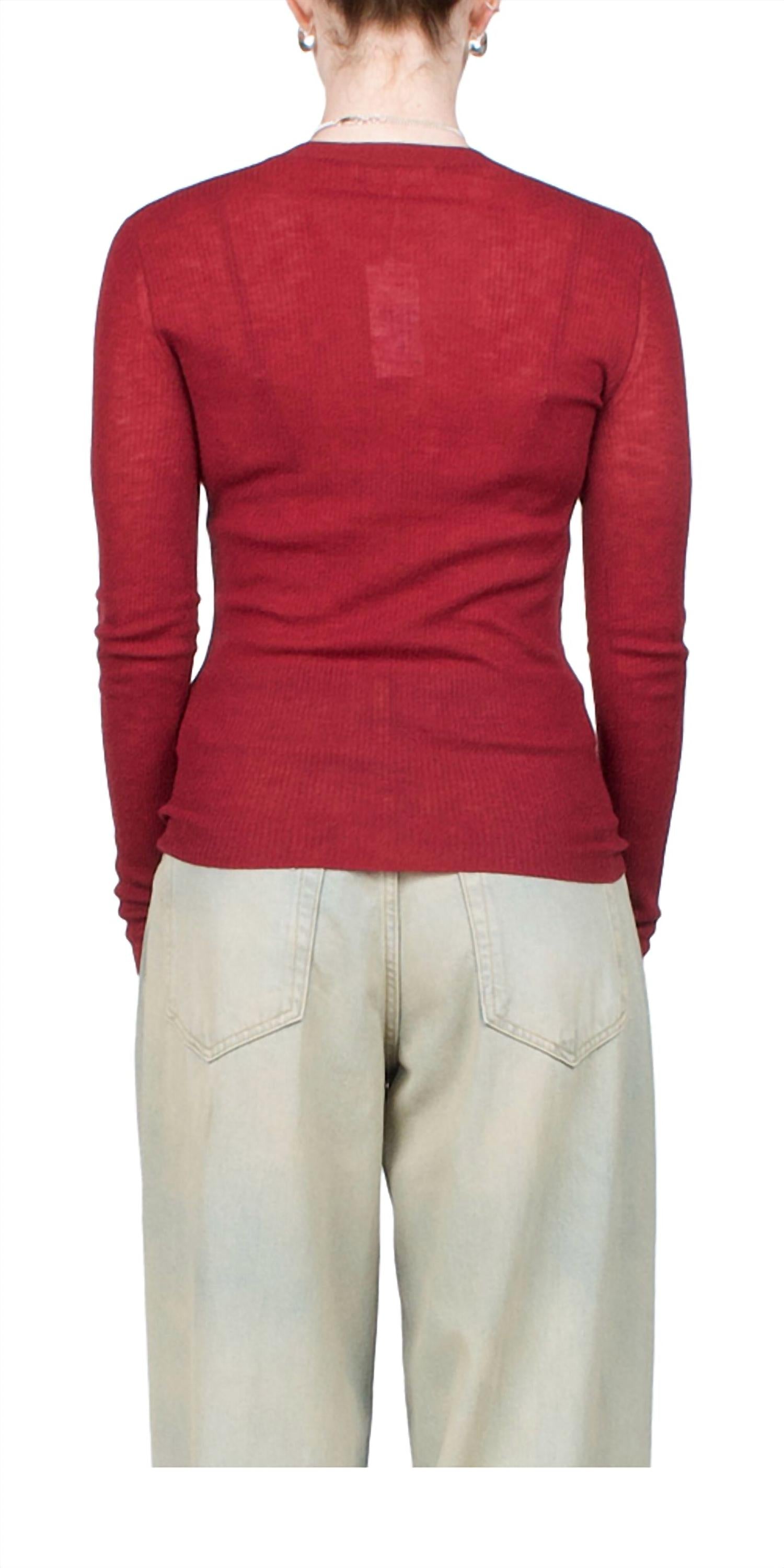 6397 Skinny Rib V Cardigan in wine - women's cardigan - detail view