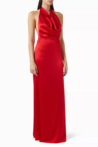Eterne Carla Silk Cowl Neck Halter Dress in rouge - women's dress