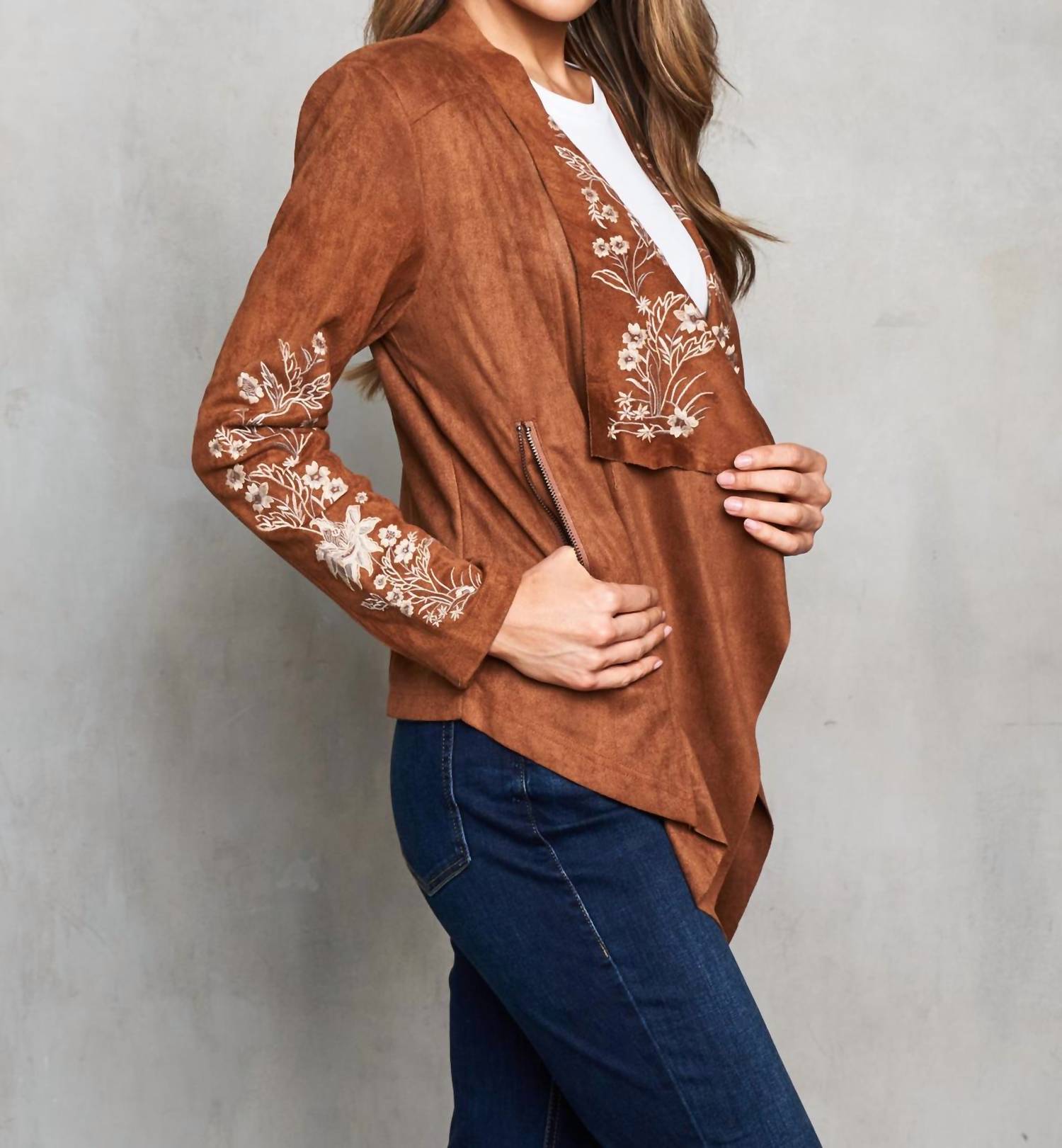 Paparazzi - Faux Suede Embroidered Open Front Short Jacket