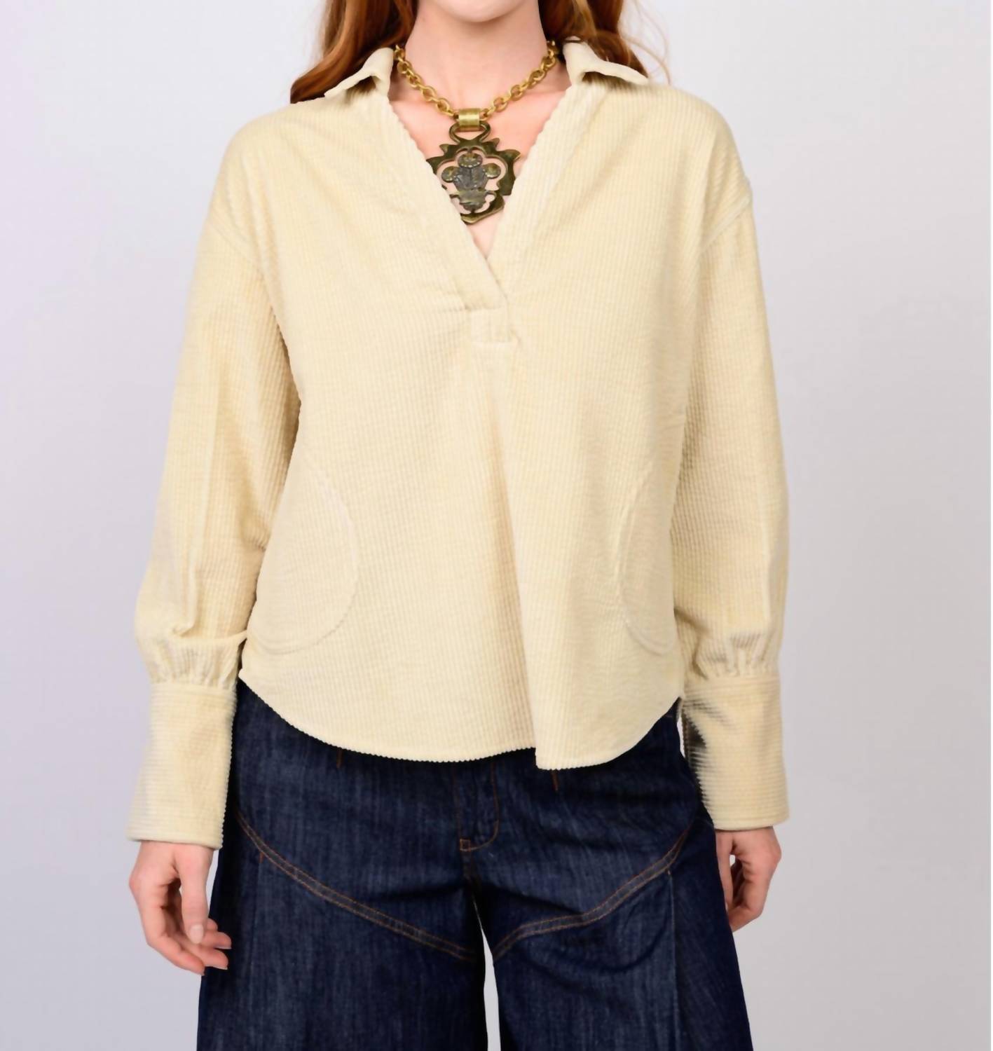 Ivy Jane Corduroy Popover Top in ivory - women's long sleeve top
